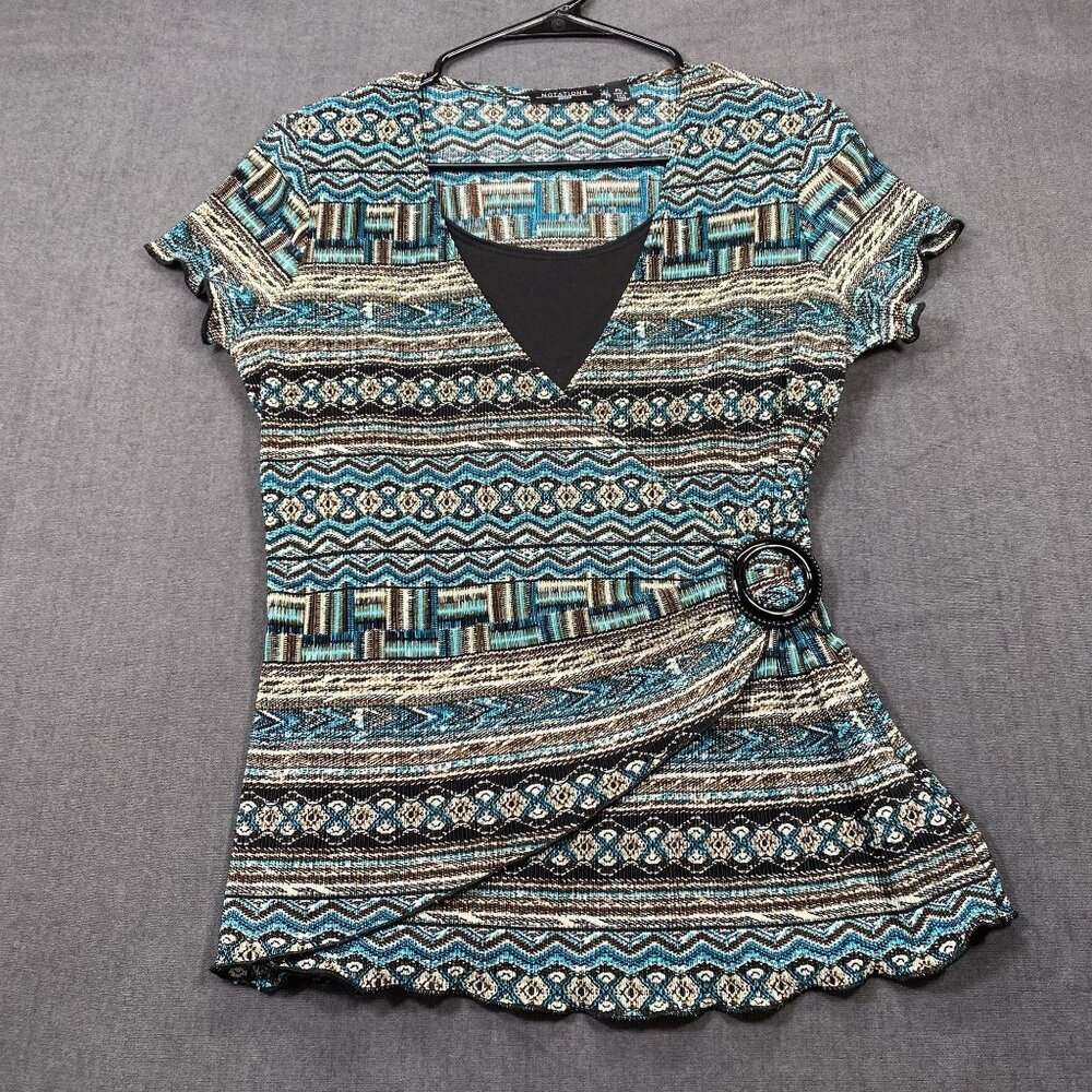 Notations Petite Wrap-Style Top Blouse Buckle Geometric Print Womens Size PL